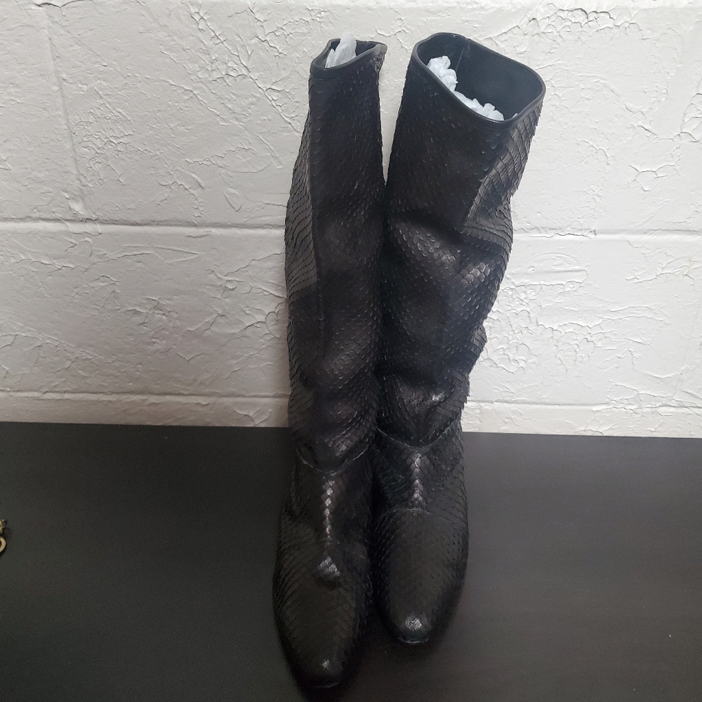Carlos Falchi Black Snakeskin Leather Boots Size 38.5/ US 8